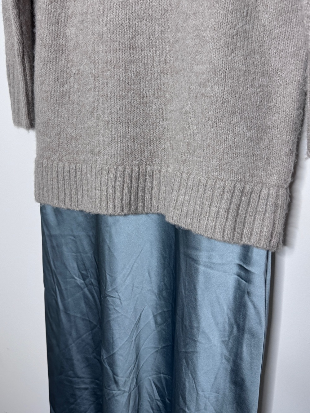 Anthropologie Twofer Light Gray Knit Sweater with Slate Blue Slip Maxi Dress XSP - Picture 6 of 9
